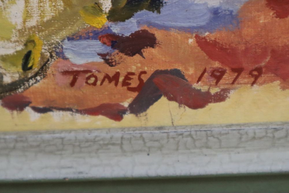 Tomes 1979, oil on board, Mexican woman and musicians, signed and dated 1979, 60 x 50cm
